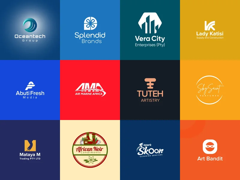 Grid of twelve logos designed by Seun OG, including Oceantech, Splendid Brands and Vera City