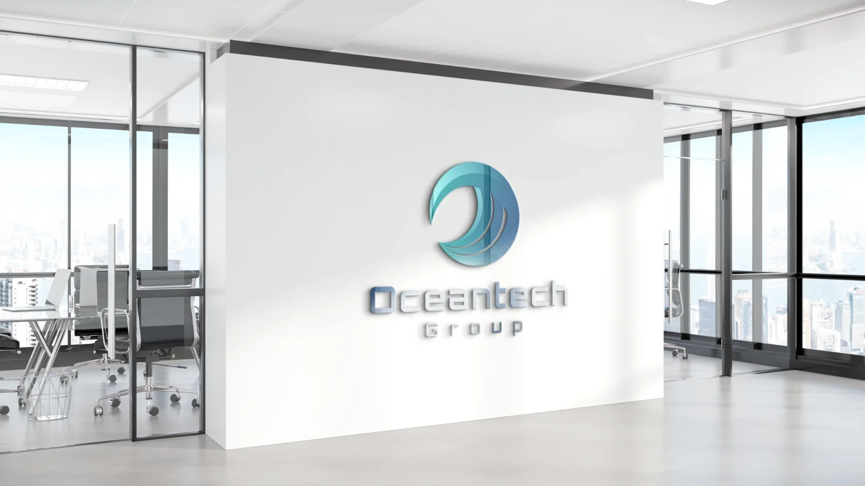 Oceantech Group logo mounted in 3D on an office reception wall