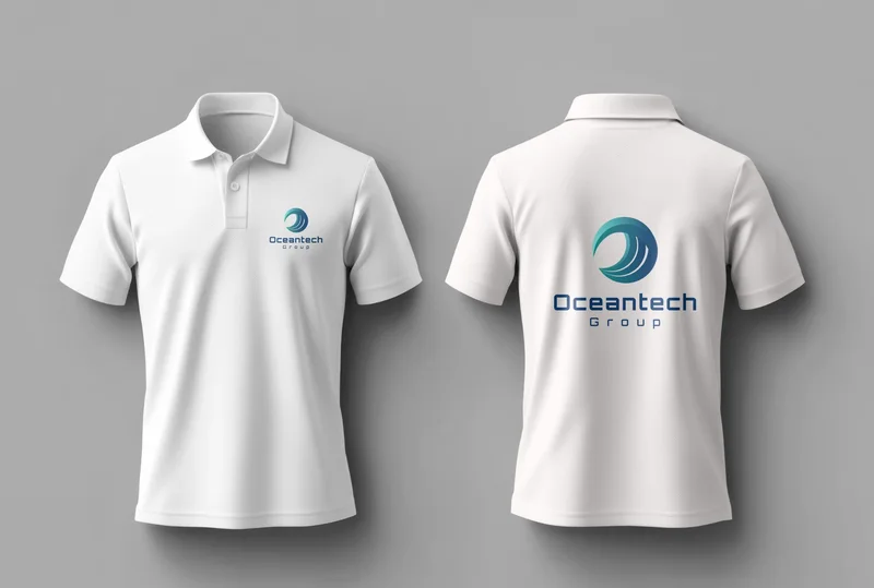 Front and back of white polo shirts with the Oceantech Group logo
