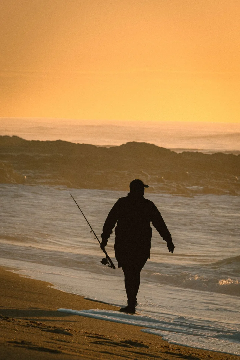 Silhouette of a fisherman carrying his rod along the shoreline at sunset