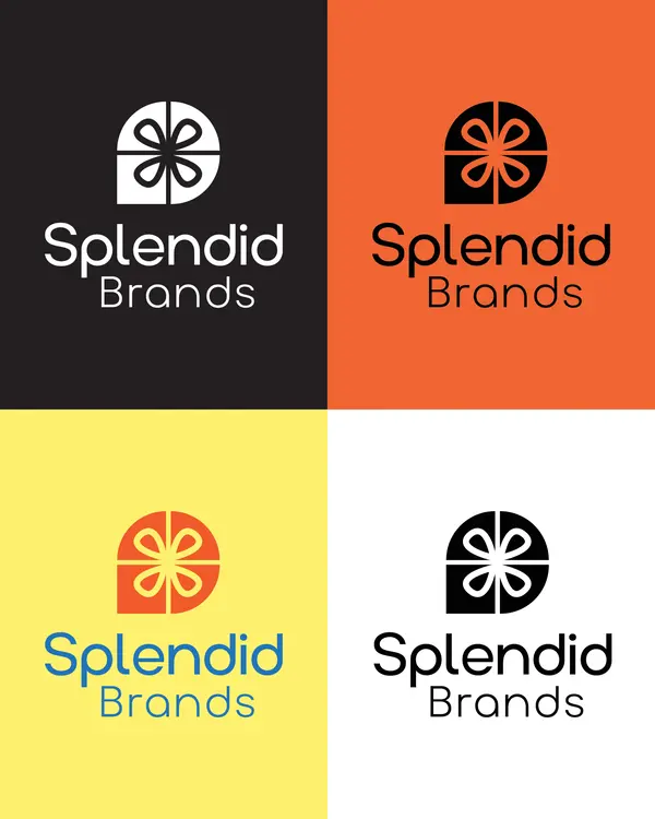 Splendid Brands logo in four colourways: white on charcoal, charcoal on orange, orange and blue on yellow, charcoal on white