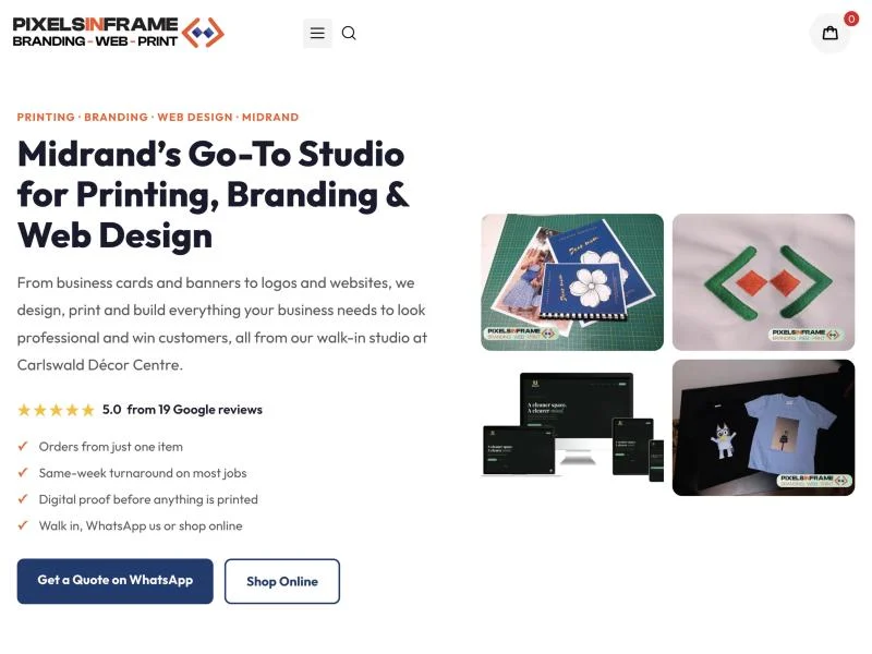 Home page of pixelsinframe.com — printing, branding and web design studio