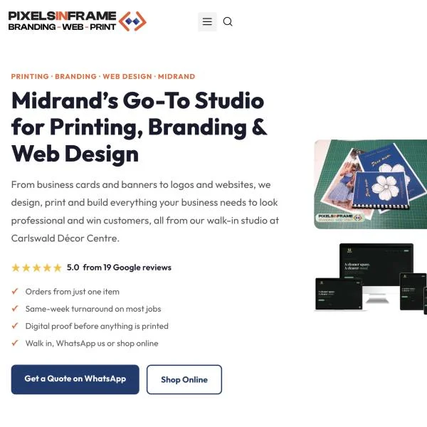 Home page of pixelsinframe.com — Midrand's studio for printing, branding and web design