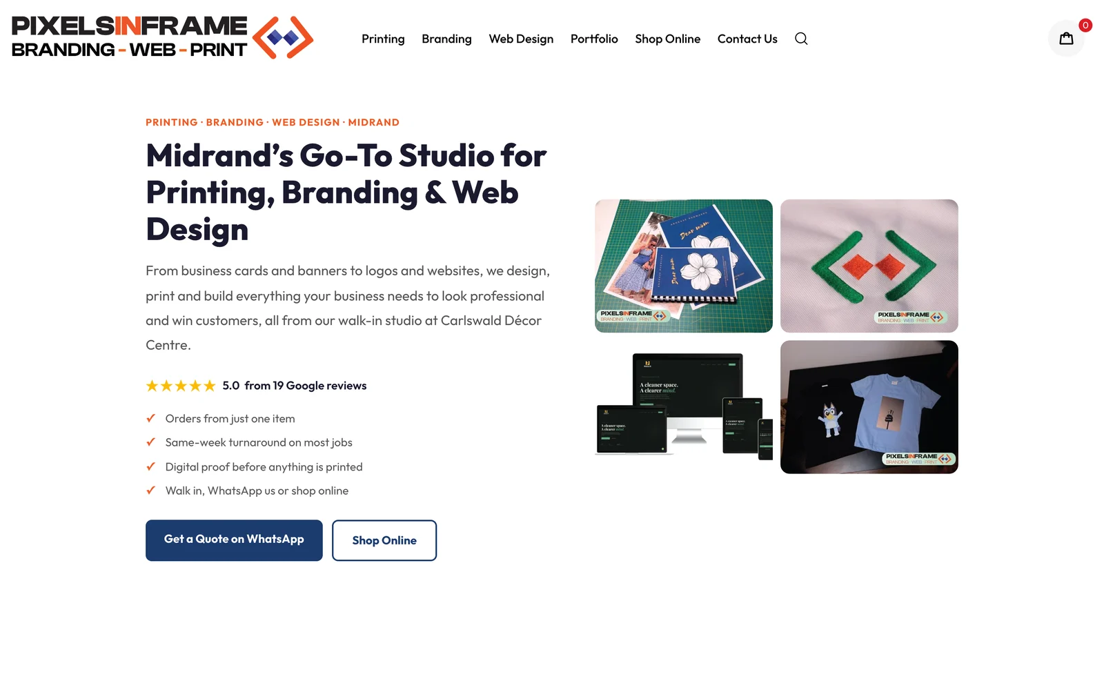 Home page of pixelsinframe.com — Midrand's go-to studio for printing, branding and web design