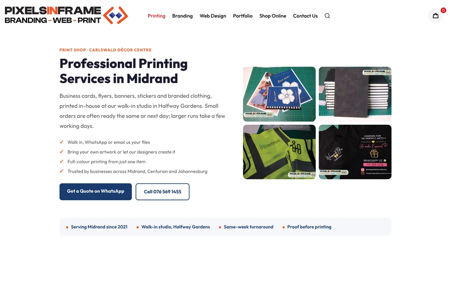 Pixelsinframe print shop service page with photos of printed work