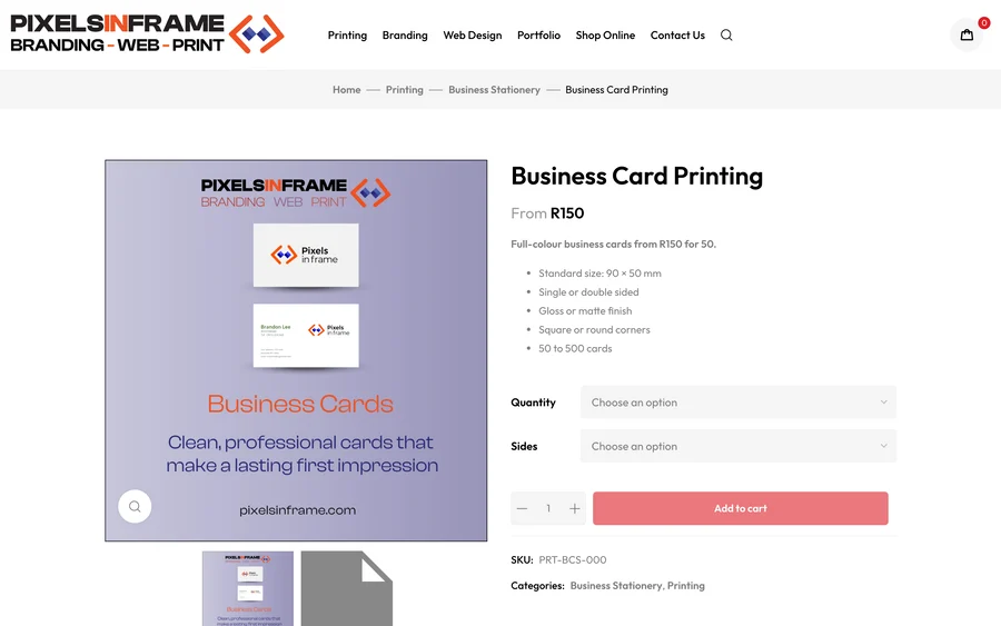 Business card printing product page with options and add to cart