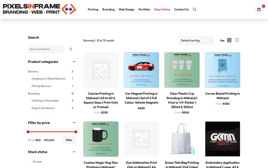Pixelsinframe online shop with product categories and printed products