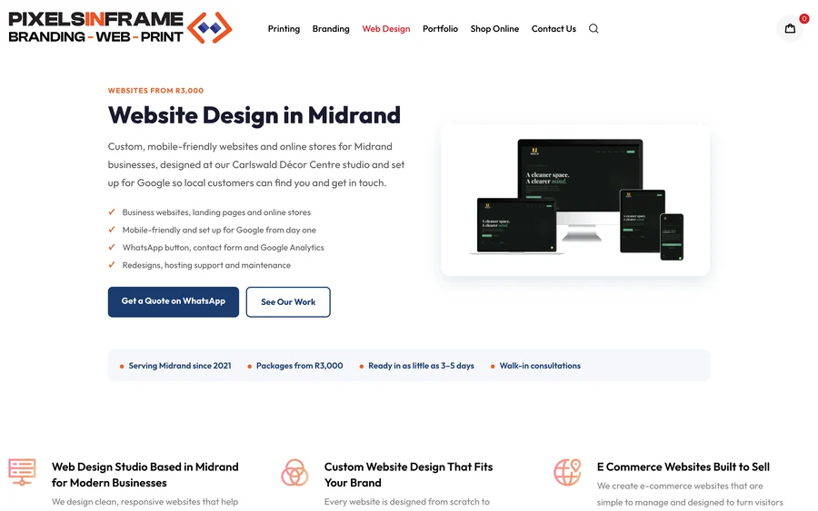 Pixelsinframe web design service page with a website mockup